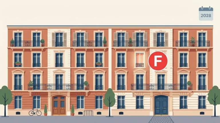 Immeuble résidentiel français avec étiquette DPE F illustrant l'interdiction de location prévue en 2028