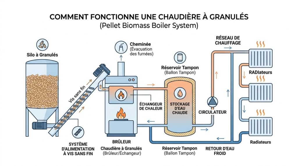 Schéma de fonctionnement d'une chaudière biomasse à granulés