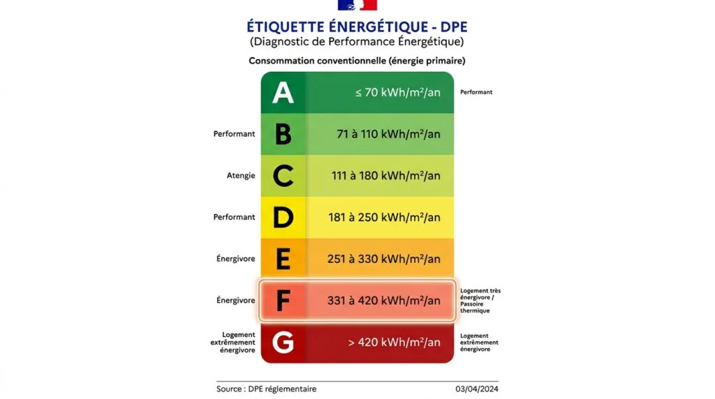 Échelle des classes énergétiques DPE de A à G avec la classe F mise en évidence