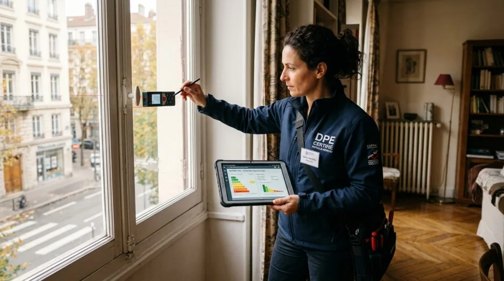  Diagnostiqueur professionnel réalisant un DPE dans un logement en France
