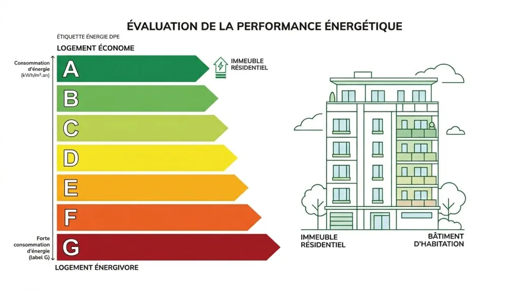 Étiquette énergie DPE collectif de A à G pour un immeuble en copropriété