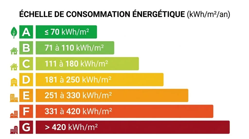  Tableau des classes énergétiques DPE de A à G avec seuils en kWh par mètre carré