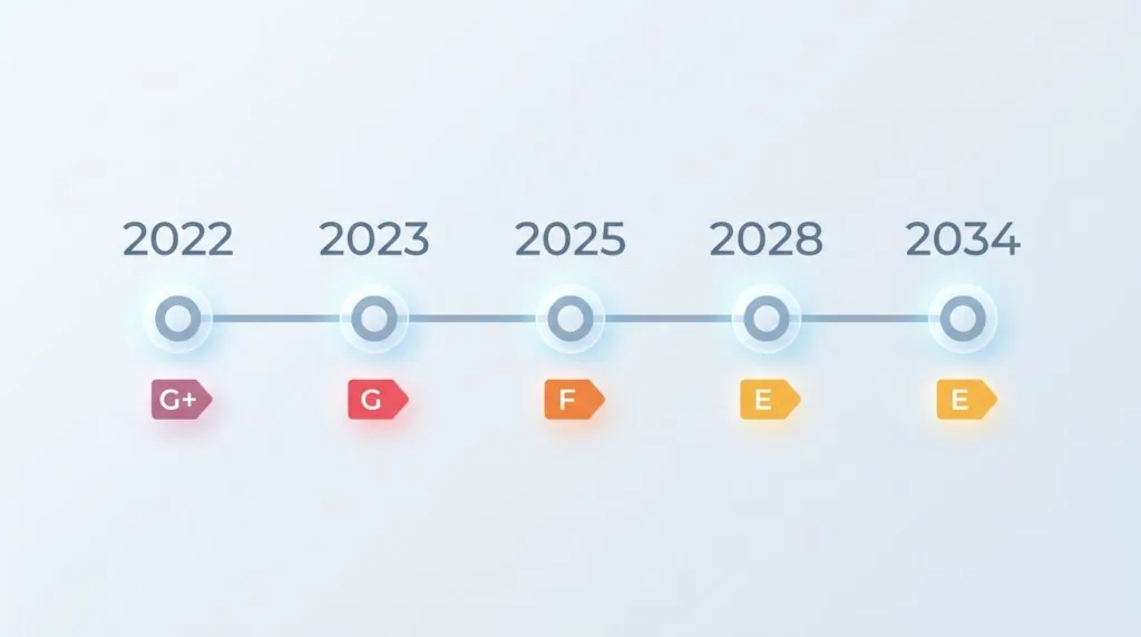 Infographie du calendrier d'interdiction de location des logements F et G de 2022 à 2034