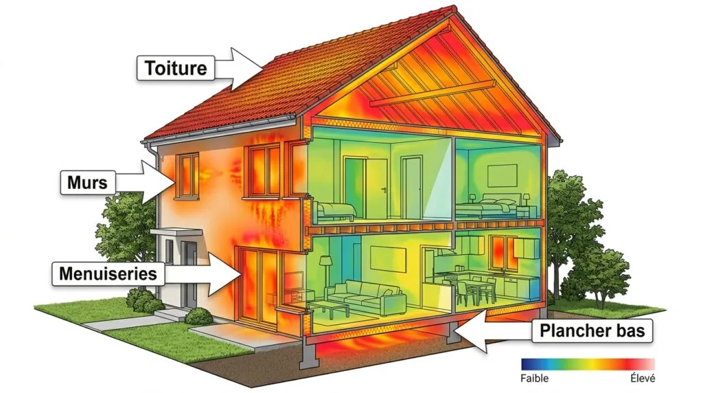 Schéma des déperditions thermiques d'une maison dans un audit énergétique