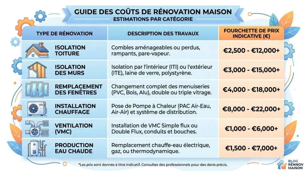  Tableau des coûts moyens par poste de travaux pour améliorer son DPE en