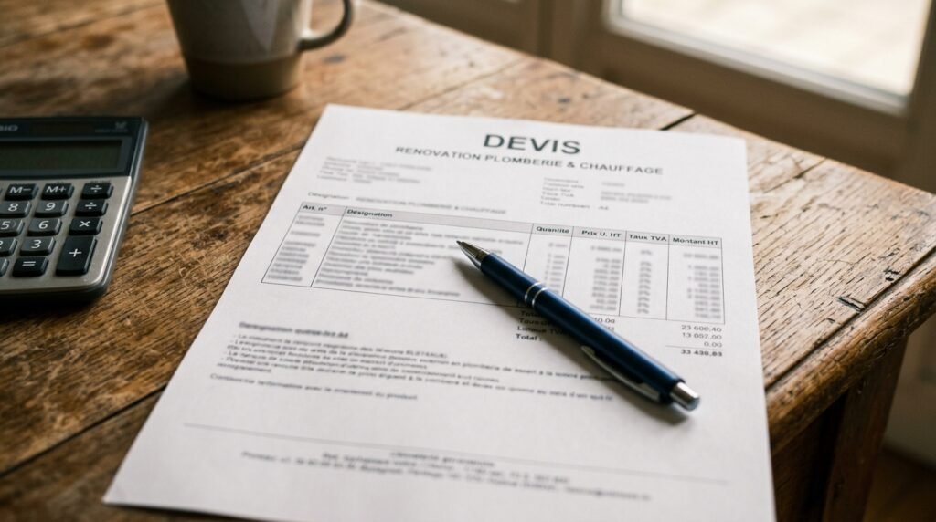 Devis de plomberie détaillé posé sur une table avec un stylo et une calculatrice