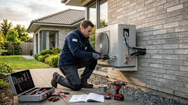 Technicien RGE installant une pompe à chaleur air-eau sur une maison individuelle