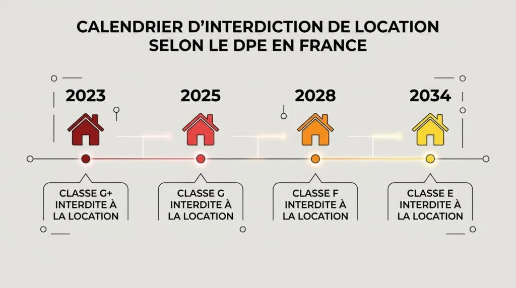  Calendrier des interdictions de location des logements classés F, G et E entre 2025 et 2034