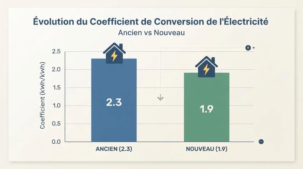 Schéma du changement de coefficient électricité dans le calcul du DPE en 2026