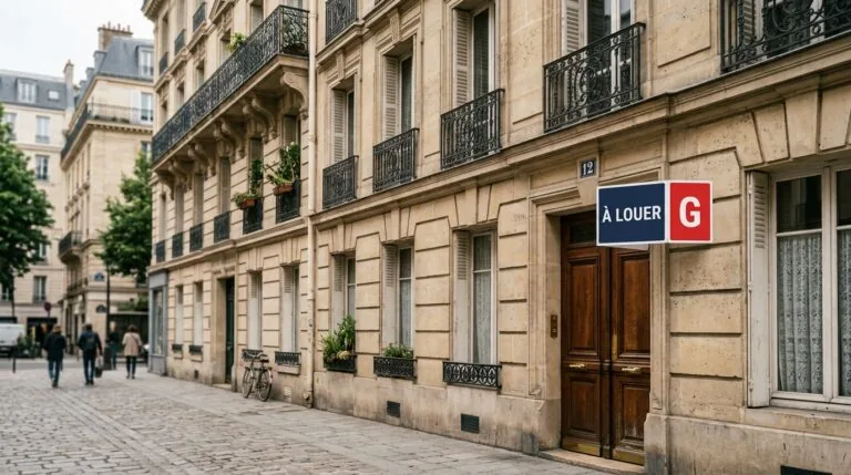 Immeuble d'habitation avec étiquette énergie classée G, symbole de l'interdiction de location des passoires thermiques