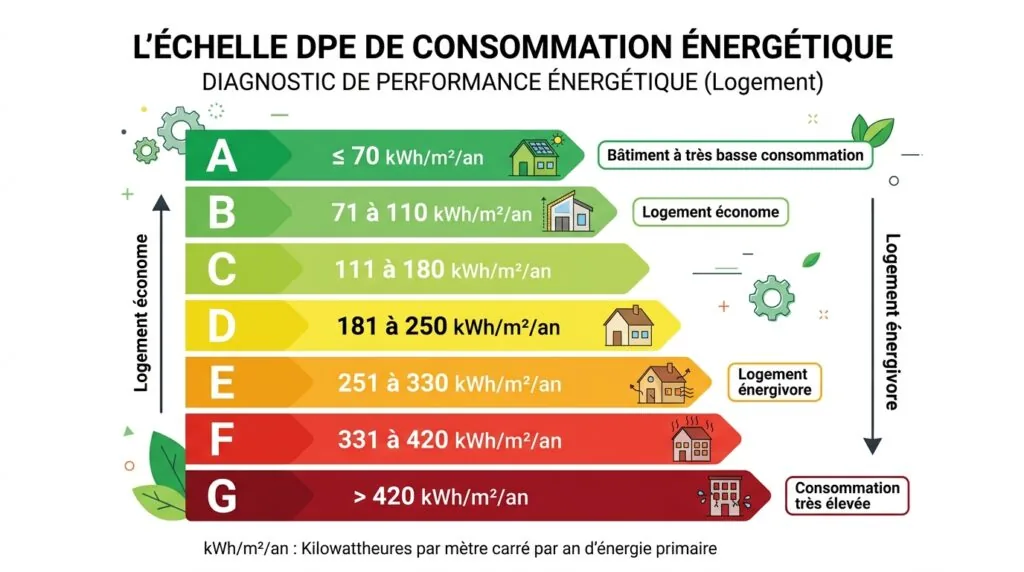 Infographie de l'échelle DPE de la classe A à la classe G avec seuils de consommation énergétique