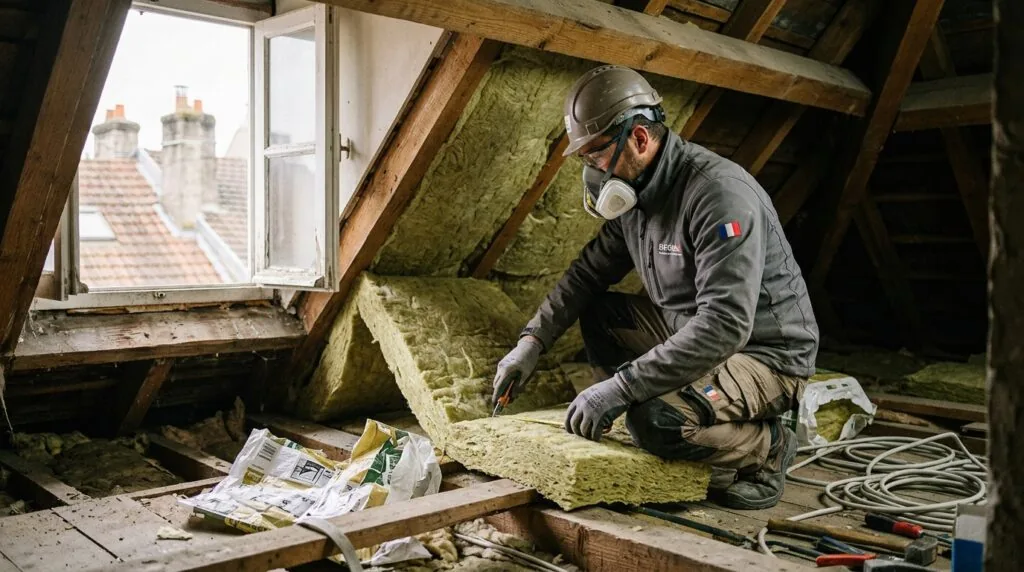 Artisan installant une isolation thermique lors de travaux de rénovation énergétique d'un logement classé G