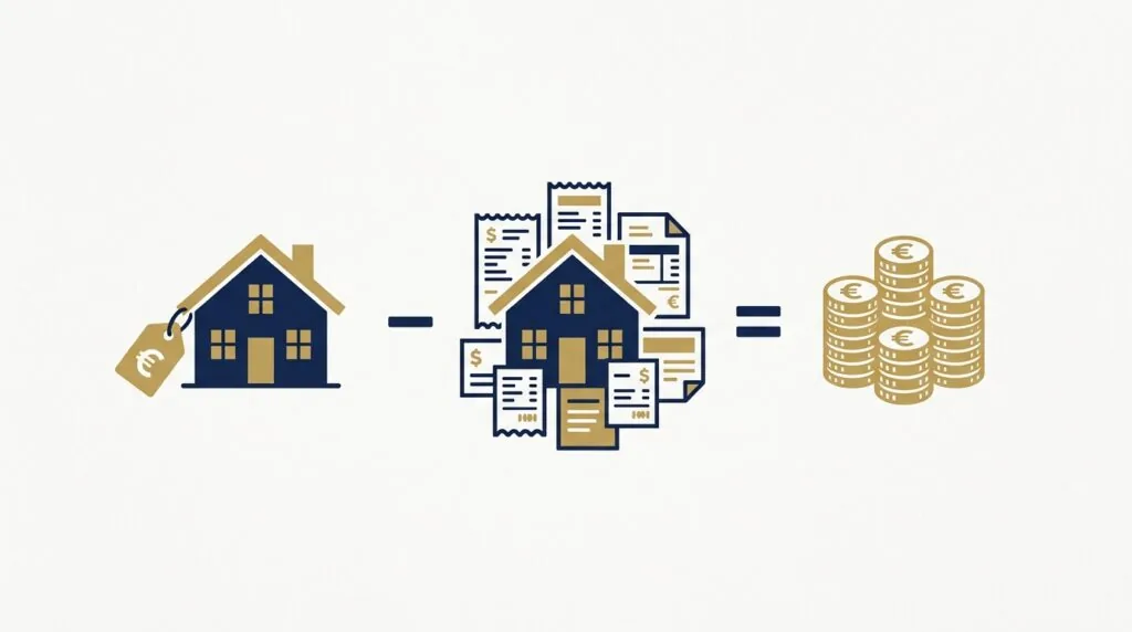 Schéma illustrant le calcul de la plus-value immobilière sur une résidence secondaire
