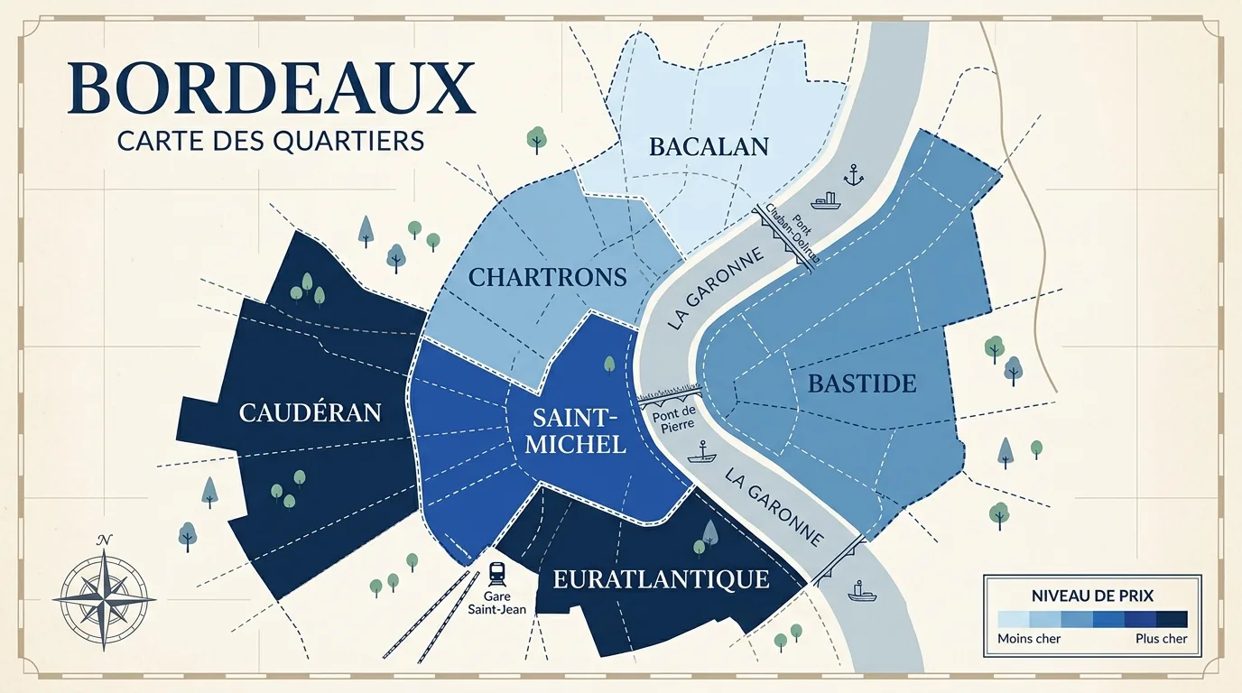 Carte illustrant les prix au m2 par quartier à Bordeaux en 2026