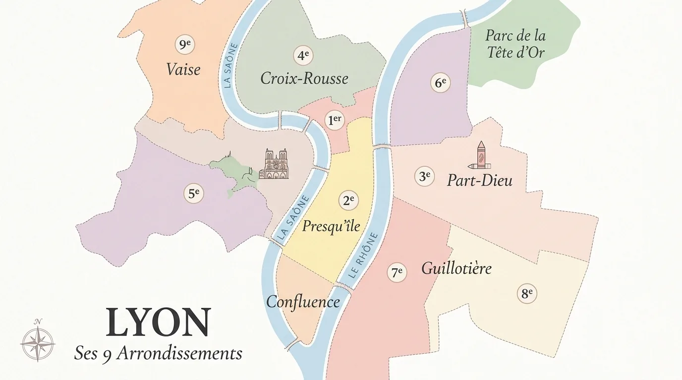Carte illustrée des quartiers de Lyon pour un achat immobilier en 2026