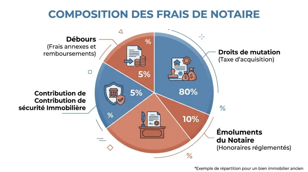 Infographie représentant la répartition des frais de notaire entre droits de mutation, émoluments, CSI et débours.