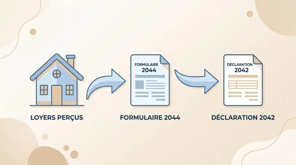 Schéma illustrant le lien entre les loyers perçus, le formulaire 2044 et la déclaration 2042