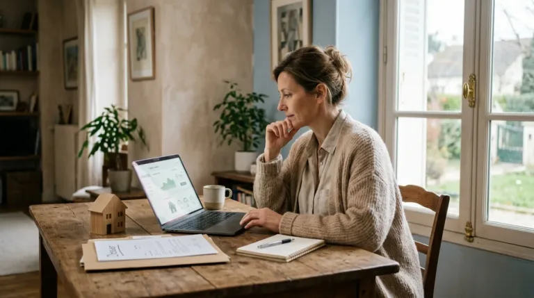 Propriétaire consultant une estimation immobilière gratuite en ligne sur son ordinateur portable