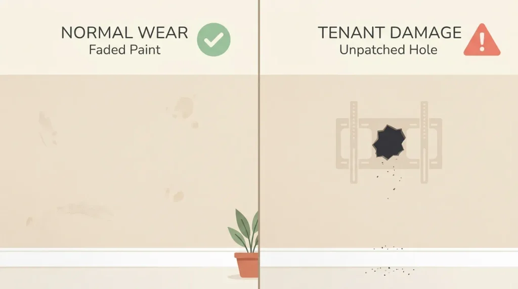 Illustration comparant l'usure normale d'un logement et une dégradation imputable au locataire