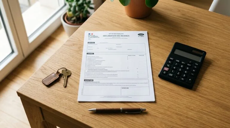 Formulaire fiscal et calculatrice sur un bureau, illustrant la déclaration du formulaire 2044 pour les revenus fonciers