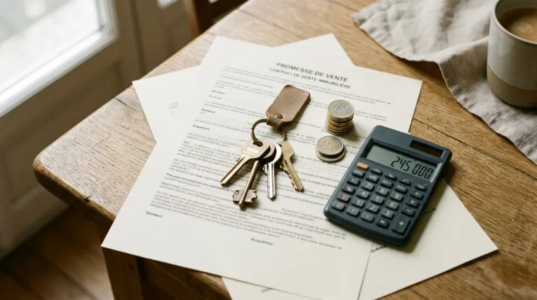 Clés de maison et calculatrice posées sur un contrat d'achat immobilier, illustrant le calcul des frais de notaire en 2026.
