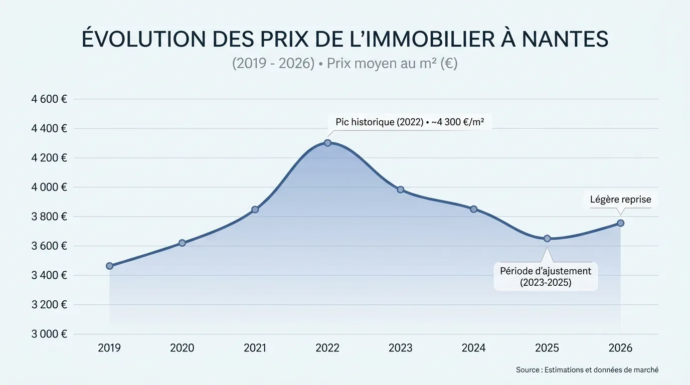 Graphique de l'évolution des prix immobiliers à Nantes entre 2019 et 2026