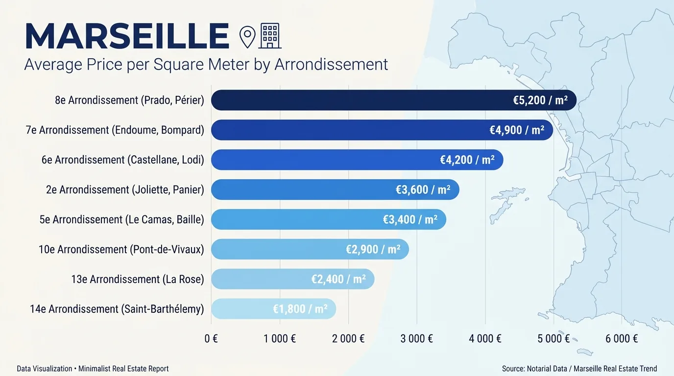 Graphique comparatif du prix immobilier au m² par arrondissement à Marseille en 2026
