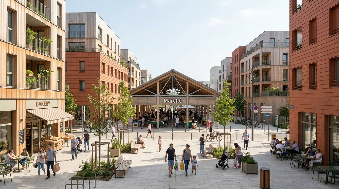 Quartier neuf toulousain avec halles couvertes et immeubles contemporains