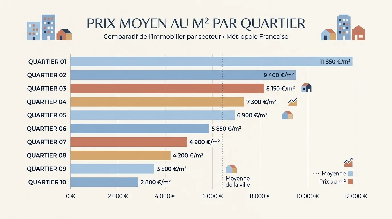 Infographie comparant le prix moyen au m² par quartier à Lille en 2026.