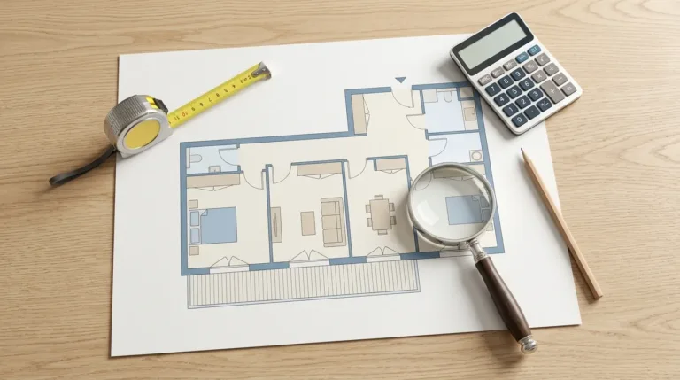 Plan d'appartement avec mètre ruban illustrant la différence entre surface habitable et surface utile en loi Carrez