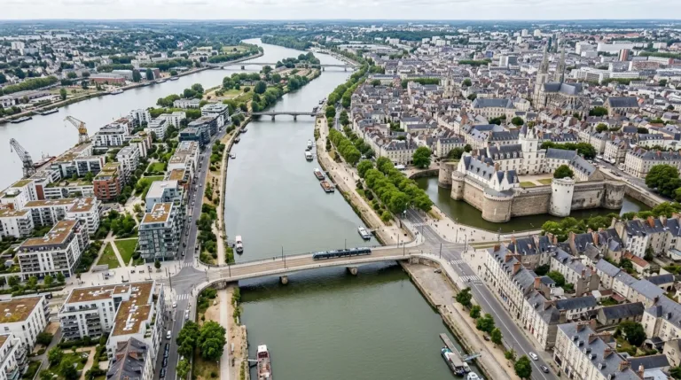 Vue aérienne de Nantes montrant la Loire, le centre historique et l'Île de Nantes en 2026