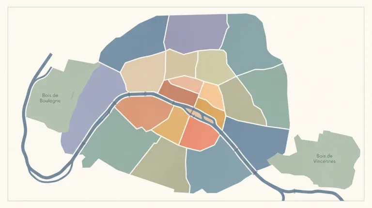Carte stylisée des arrondissements de Paris illustrant les écarts de prix immobilier en 2026