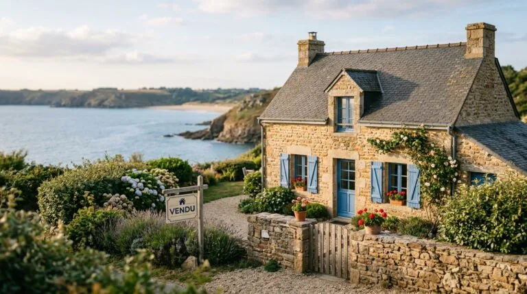 Maison de vacances en pierre avec volets bleus, illustrant la vente d'une résidence secondaire et sa fiscalité