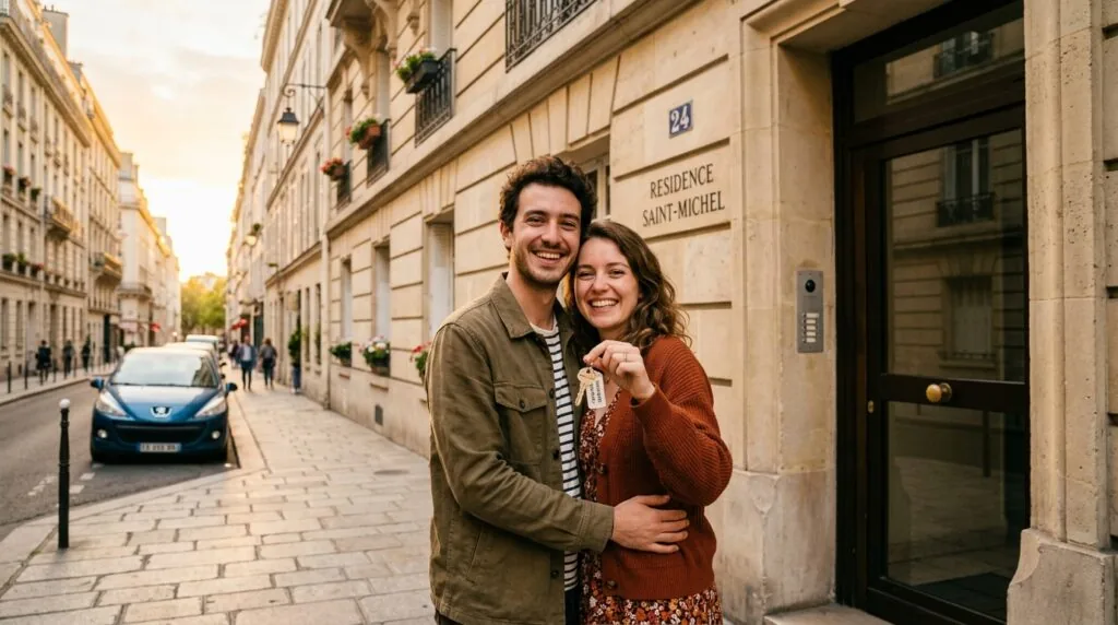 Jeune couple primo-accédant tenant les clés de son premier logement en 2026.
