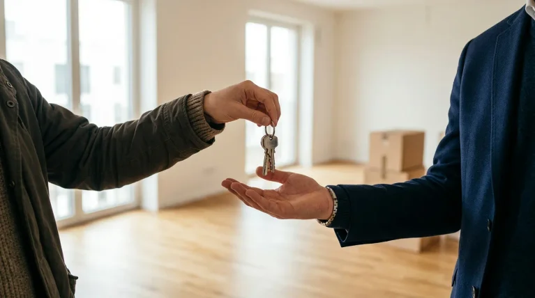 Locataire remettant les clés de son logement au propriétaire lors de l’état des lieux de sortie
