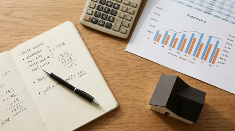 Calculatrice et maquette de maison utilisées pour calculer la rentabilité d'un investissement locatif