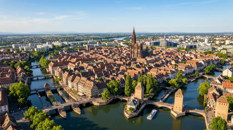 Vue aérienne de Strasbourg montrant le centre historique et les quartiers résidentiels environnants