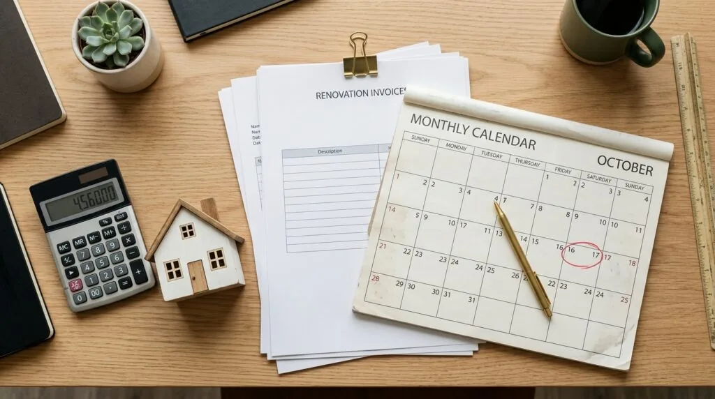 Factures de travaux et calendrier illustrant les stratégies de réduction de la plus-value immobilière