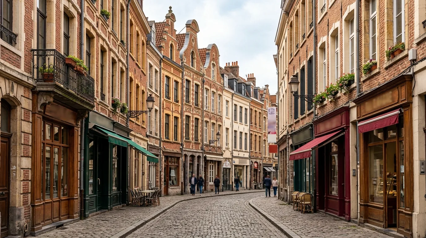 Rue pavée du Vieux-Lille avec façades flamandes typiques, quartier historique pour acheter à Lille.