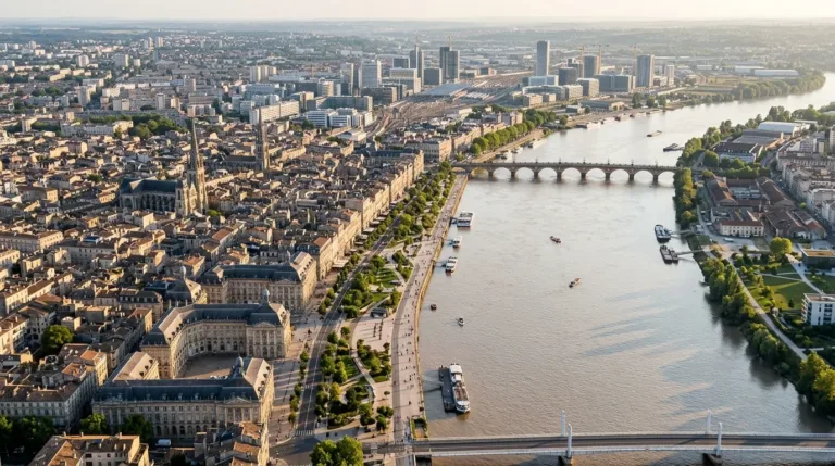 Vue aérienne de Bordeaux montrant les quartiers de la rive gauche et de la rive droite séparés par la Garonne