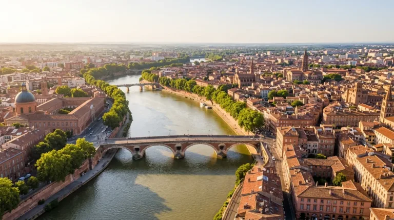 Vue aérienne des quartiers de Toulouse et de ses façades en briques roses le long de la Garonne