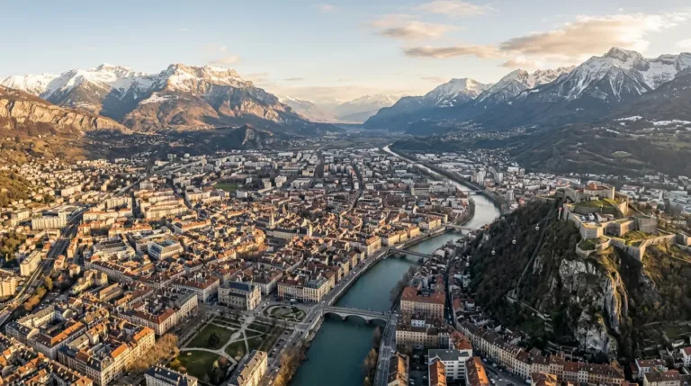Vue panoramique de Grenoble avec les montagnes alpines en arrière-plan et les toits de la ville