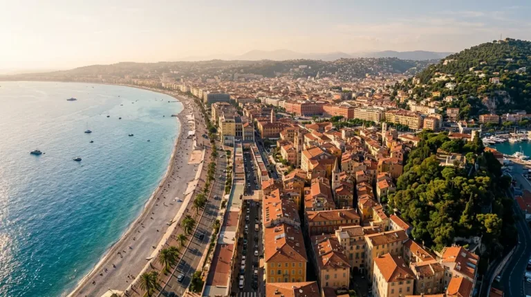 Vue aérienne de Nice montrant la Promenade des Anglais et les quartiers résidentiels des collines