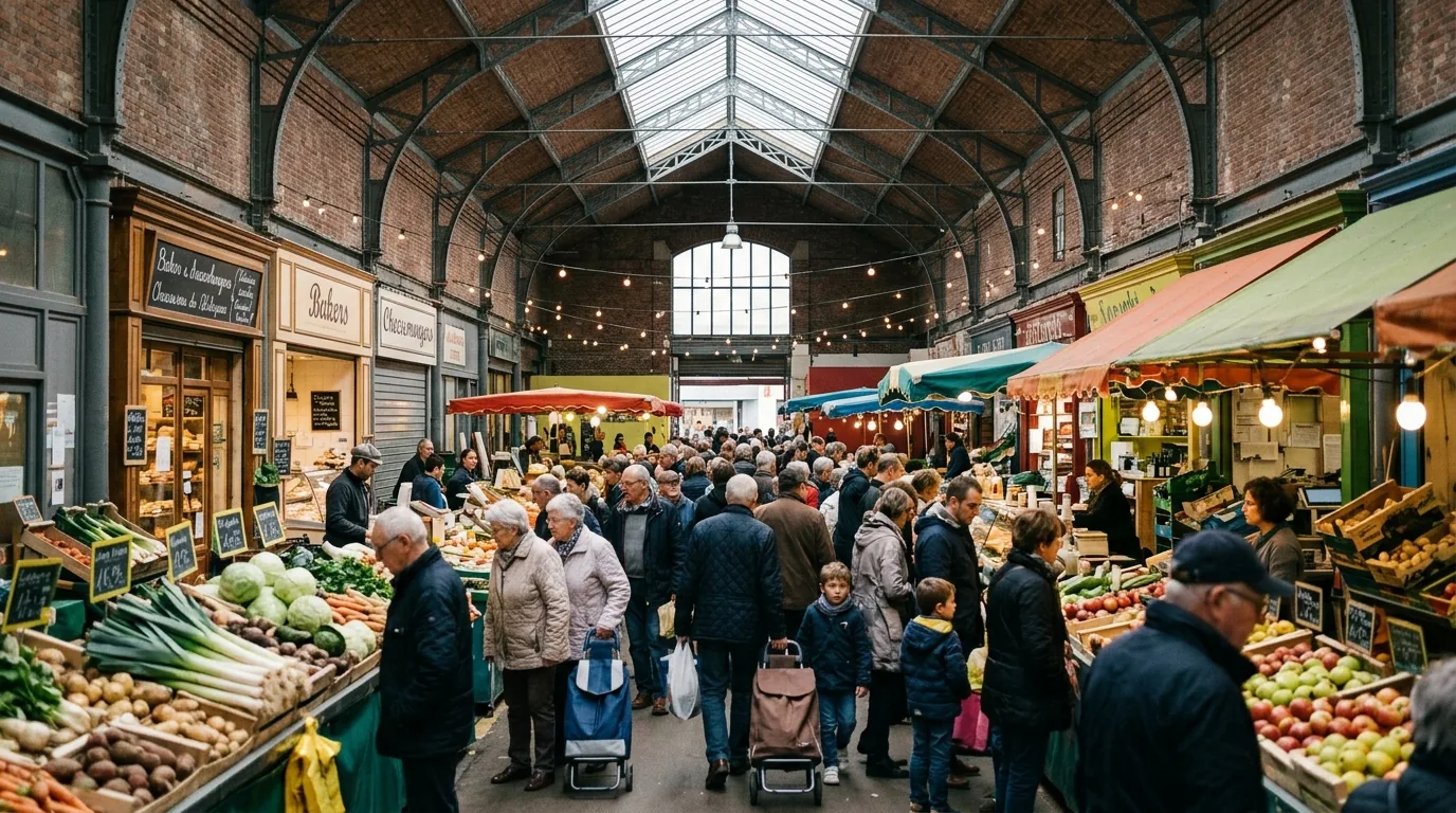 Marché couvert du quartier Wazemmes à Lille, secteur accessible pour primo-accédants en 2026.