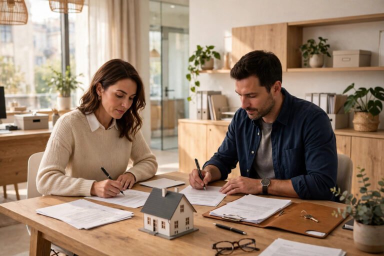Deux associés signent les statuts d'une SCI devant une maquette de maison, avec un dossier d'achat immobilier sur la table