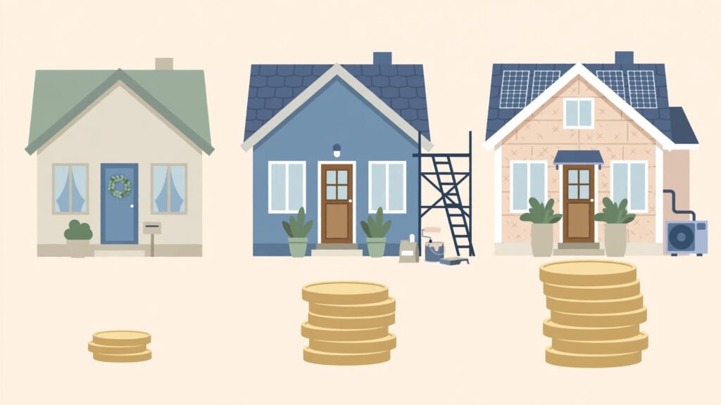 Illustration de trois niveaux de rénovation d'une maison : légère, intermédiaire et complète