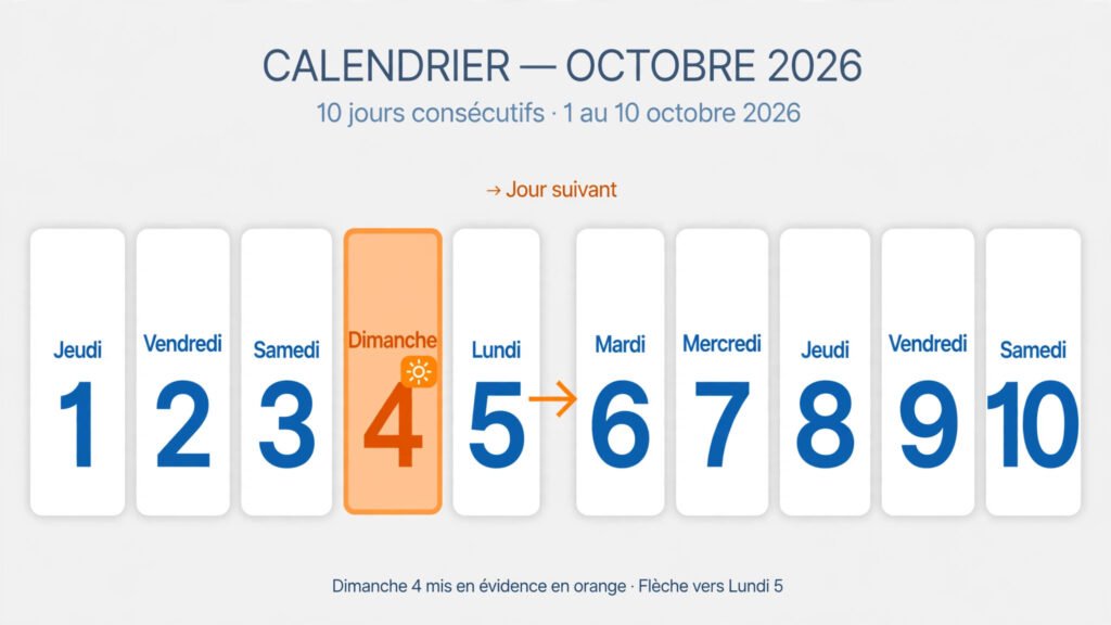 Calendrier d'octobre 2026 avec les dix jours de rétractation numérotés et le dimanche 18 prolongé au lundi 19
