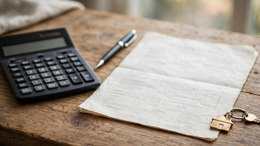 Calculatrice et acte de vente illustrant l'économie de frais de notaire quand les honoraires sont à la charge de l'acquéreur