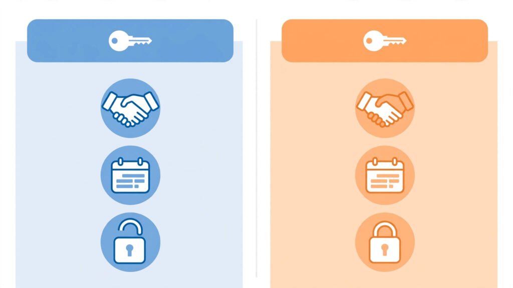 Infographie comparant mandat simple et mandat exclusif : liberté, durée, résiliation