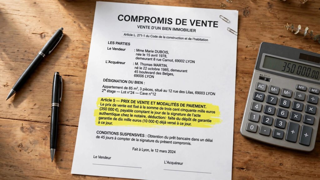 Page d'un compromis de vente avec la clause d'obtention de prêt surlignée
